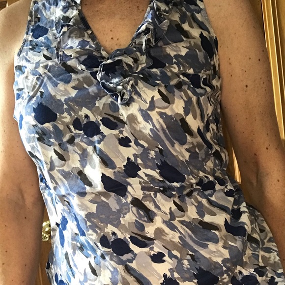 Loft Sleeveless Small Blue White Grey Top Ruffle - Picture 10 of 12